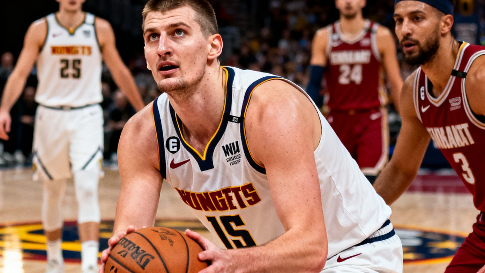 约基奇在NBA总决赛中拿下三双的精彩回放视频封面，画面定格在他送出妙传的瞬间